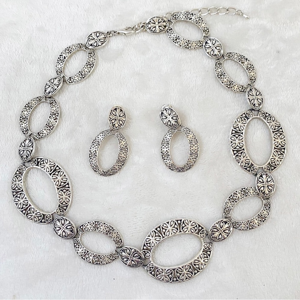 Chunky Metal Etched Necklace with Matching Clip On Earrings, Set